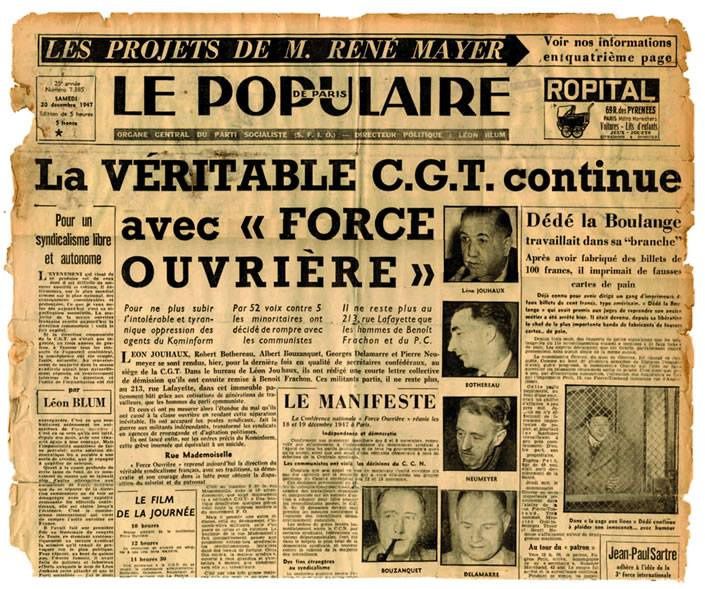 Couverture du journal « Le populaire de Paris » : « La véritable CGT revient avec Force Ouvrière »