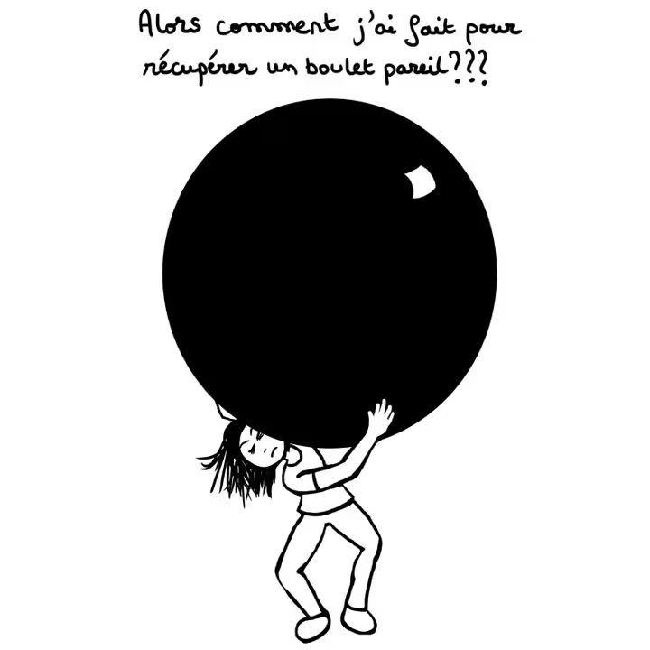 Dessin d’un personnage devant soutenant avec difficulté un énorme boulet.